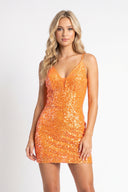 Orange Sequin Plunge V Bodycon Mini Party Dresses - KissProm 