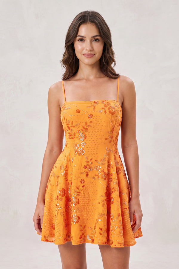 Orange Spaghetti Straps A-Line Embroidered Sequined Tulle Homecoming Dress | KISSPROM