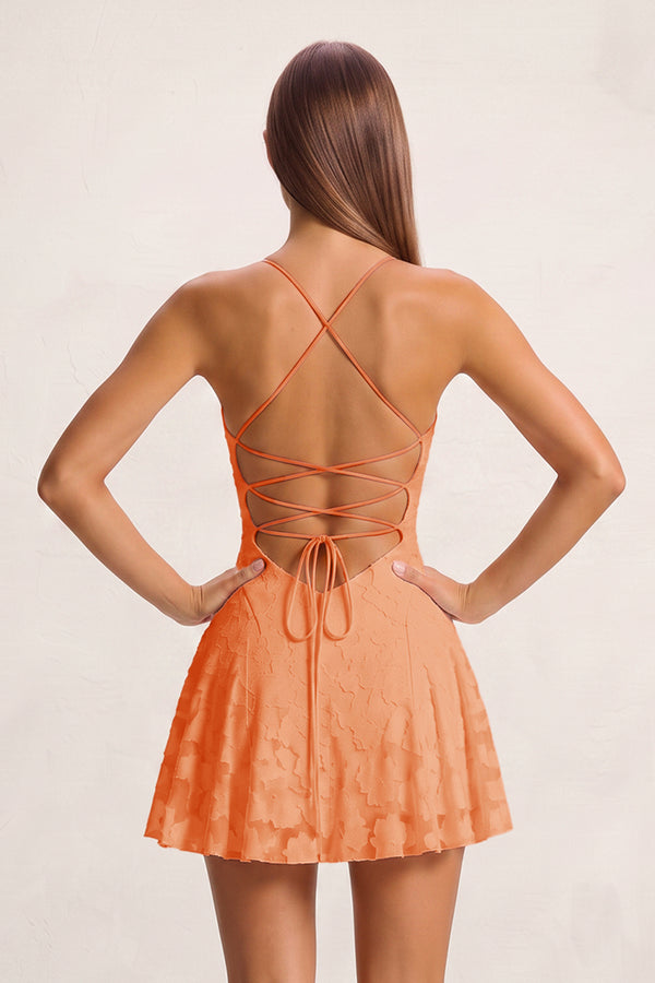 Orange Spaghetti Straps Jacquard Chiffon A-Line Homecoming Dress (4) | KISSPROM