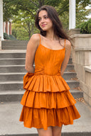 Orange Spaghetti Straps Satin A-Line Ruffled Short Corset Homecoming Dress with Bow | KISSPROM