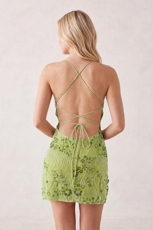 Green Spaghetti Straps Sheath Embroidered Tulle Homecoming Dress (2) | KISSPROM
