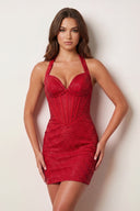 Red Sparkly Halter Sheath Corset Satin Homecoming Dress With Beading | KISSPROM