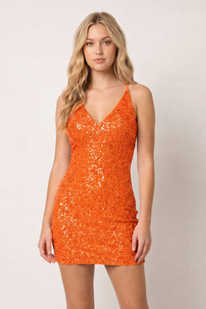 Orange Sparkly Spagehetti Straps Sequins Open Back Mini Party Dresses | KISSPROM