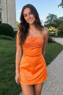 Orange Strapless Appliqued Satin Sheath Homecoming Dress | KISSPROM