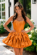 Orange Strapless Beaded Short Homecoming Dress with Bow | KISSPROM