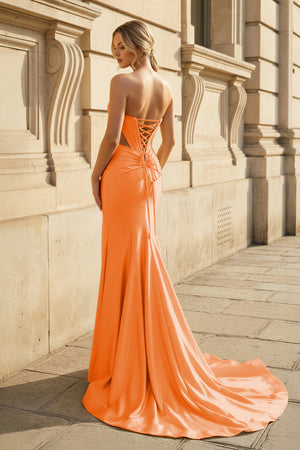 Orange Strapless Mermaid Satin Beaded Long Prom Dresses With Slit - KissProm