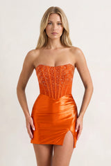 Orange Strapless Satin Corset Bodycon Mini Party Dress with Beading | KISSPROM