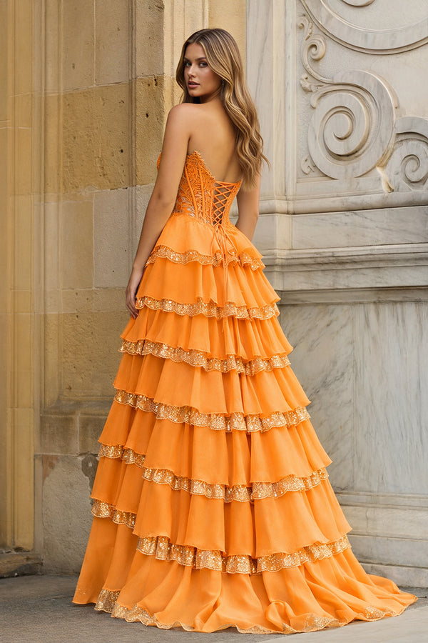KissProm-Orange Sweetheart A Line Sequined Lace Ruffled Long Prom Dresses With Appliques
