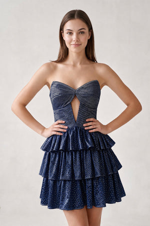 Navy Blue Sweetheart A-Line Tiered Cut-Out Homecoming Dress With Beading | KISSPROM