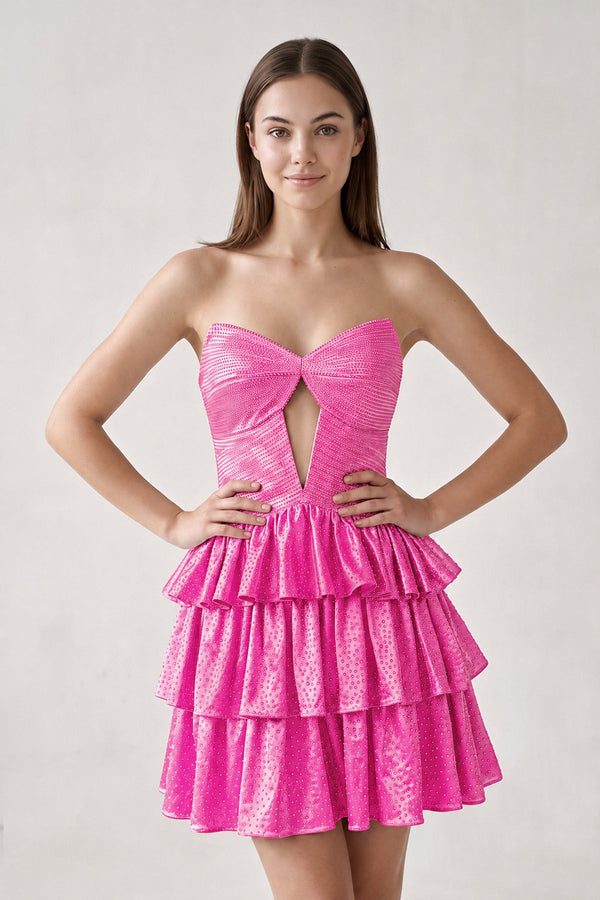 Hot Pink Sweetheart A-Line Tiered Cut-Out Homecoming Dress With Beading | KISSPROM