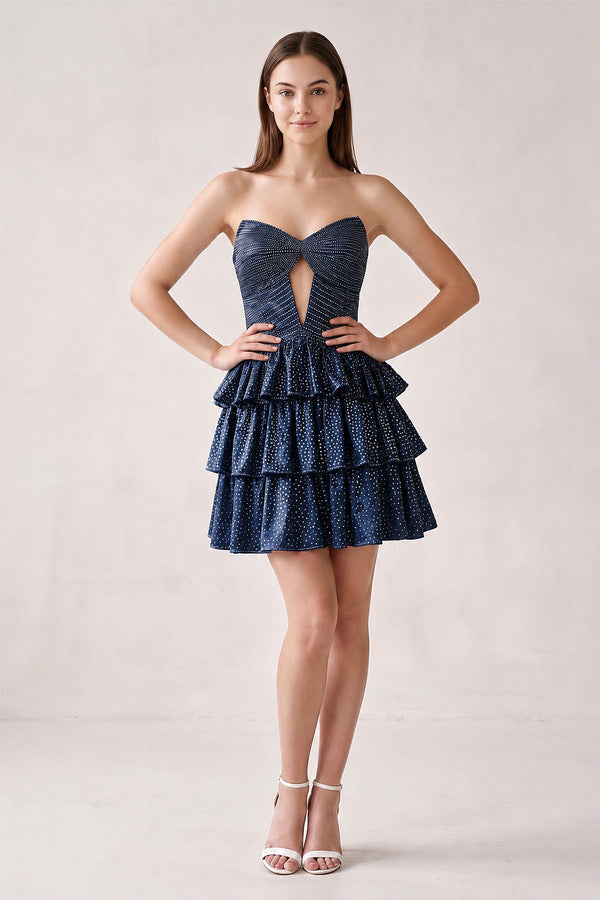 Navy Blue Sweetheart A-Line Tiered Cut-Out Homecoming Dress With Beading (3) | KISSPROM