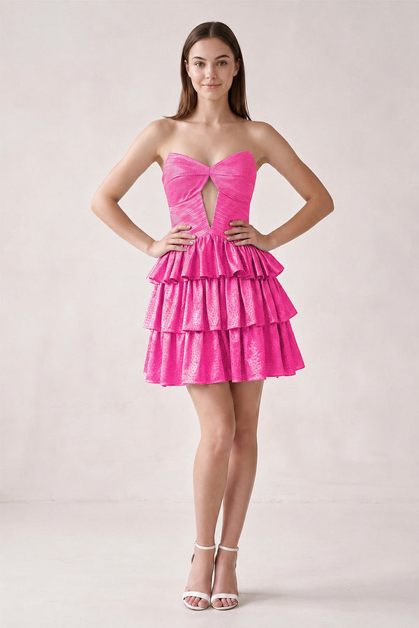Hot Pink Sweetheart A-Line Tiered Cut-Out Homecoming Dress With Beading (3) | KISSPROM