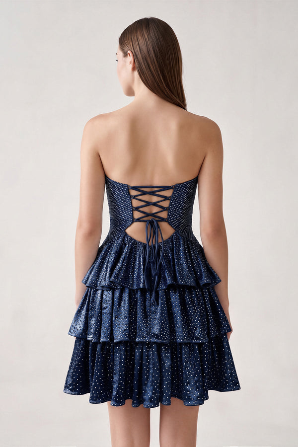 Navy Blue Sweetheart A-Line Tiered Cut-Out Homecoming Dress With Beading (2) | KISSPROM