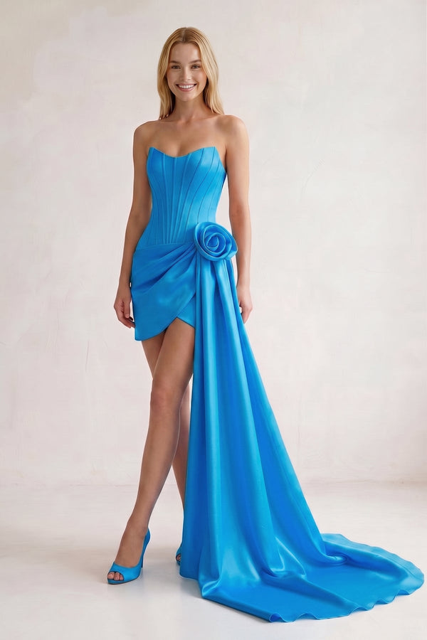 Blue Sweetheart Satin Corset 3D Flower Homecoming Dress With Ribbon | KISSPROM