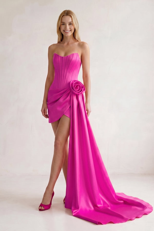 Fuchsia Sweetheart Satin Corset 3D Flower Homecoming Dress With Ribbon | KISSPROM