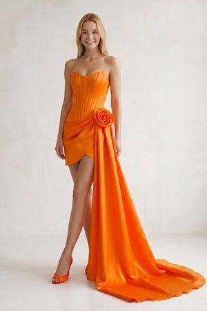 Orange Sweetheart Satin Corset 3D Flower Homecoming Dress With Ribbon | KISSPROM