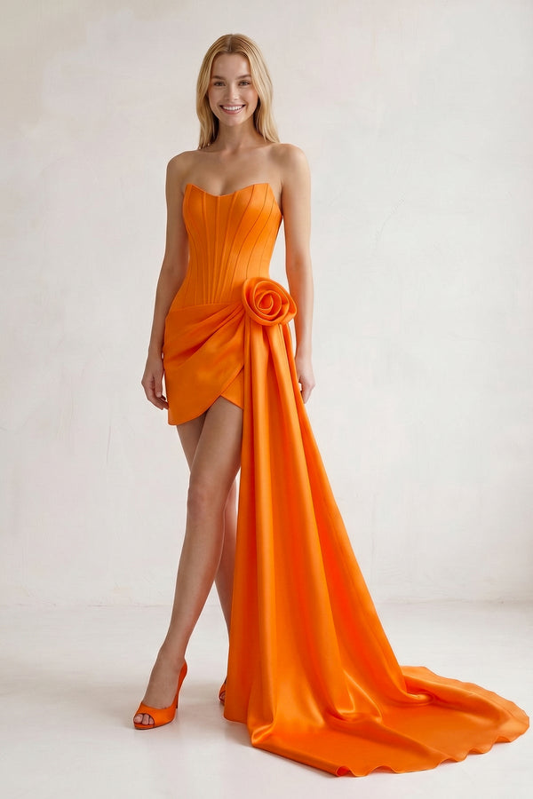 Orange Sweetheart Satin Corset 3D Flower Homecoming Dress With Ribbon | KISSPROM