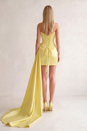Yellow Sweetheart Satin Corset 3D Flower Homecoming Dress With Ribbon | KISSPROM