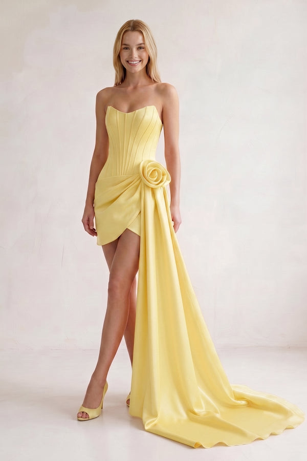 Yellow Sweetheart Satin Corset 3D Flower Homecoming Dress With Ribbon | KISSPROM