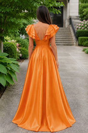 Hot Pink V-Neck Ruffle A-Line Long Prom Dress - Kissprom