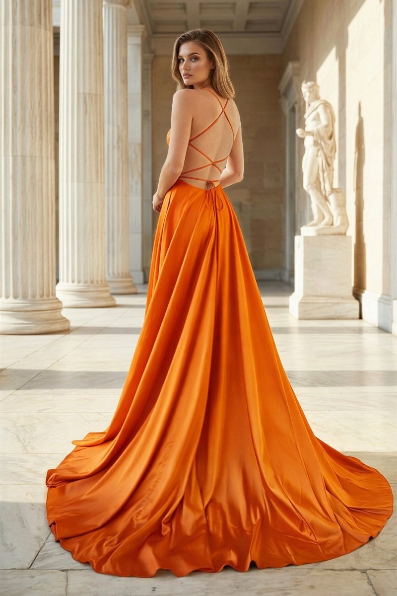 KissProm Pink Spaghetti Straps Satin Backless A Line Prom Dress With Pockets, Orange / 0