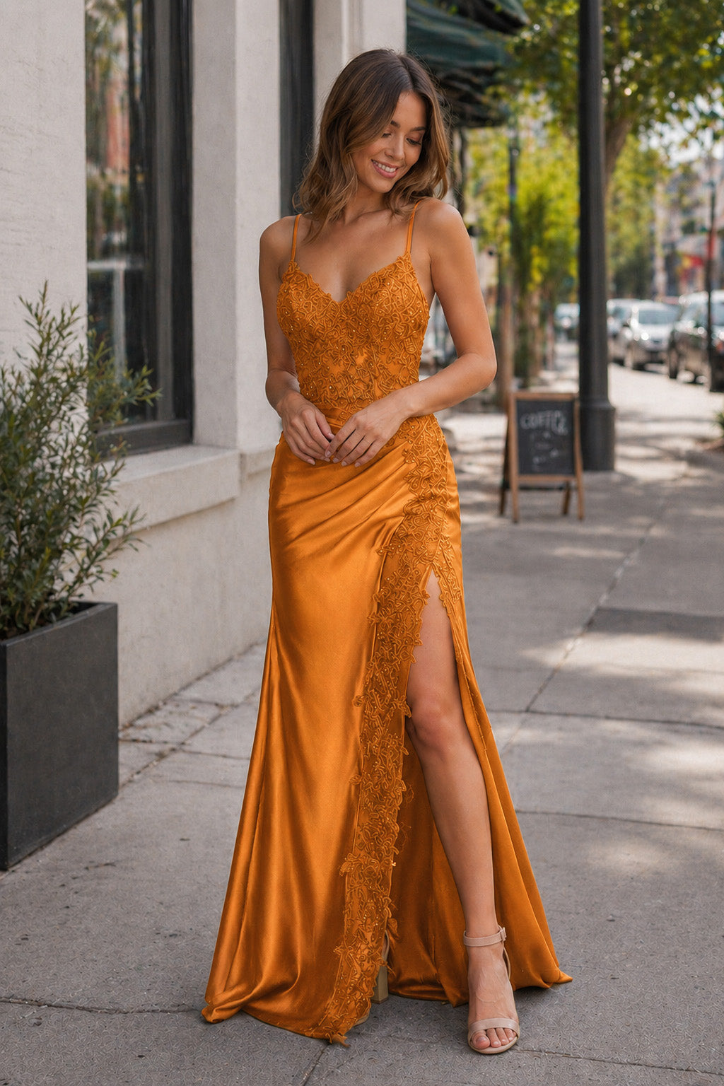 KissProm Sheath Spaghetti Straps Black Satin Long Prom Dresses with Lace Appliques, Orange / 0