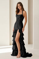 Oree | Red - Halter Mermaid Satin Beaded Long Formal Prom Dresses With Ruffles - KissProm