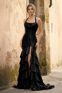 Red Halter Mermaid Satin Beaded Long Formal Prom Dresses With Ruffles - KissProm
