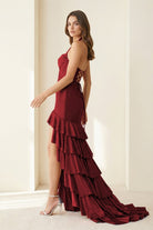 Oree | Red - Halter Mermaid Satin Beaded Long Formal Prom Dresses With Ruffles - KissProm