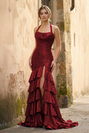 Red Halter Mermaid Satin Beaded Long Formal Prom Dresses With Ruffles - KissProm