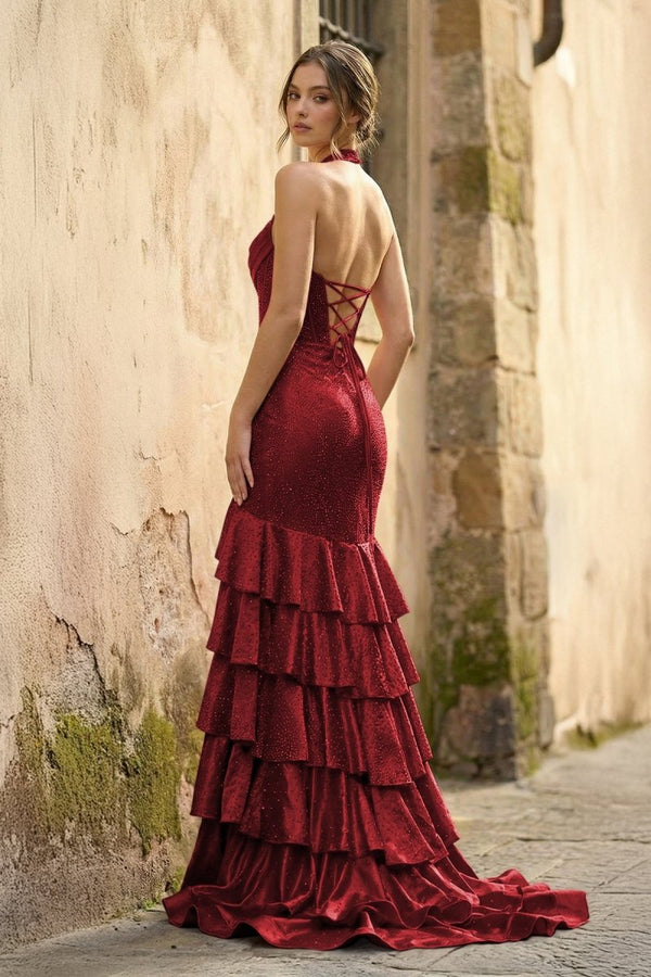 Red Halter Mermaid Satin Beaded Long Formal Prom Dresses With Ruffles Burgundy / 18