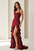 Oree | Red - Halter Mermaid Satin Beaded Long Formal Prom Dresses With Ruffles - KissProm
