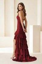 Oree | Red - Halter Mermaid Satin Beaded Long Formal Prom Dresses With Ruffles - KissProm