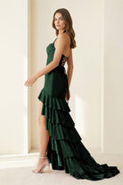 Oree | Red - Halter Mermaid Satin Beaded Long Formal Prom Dresses With Ruffles - KissProm