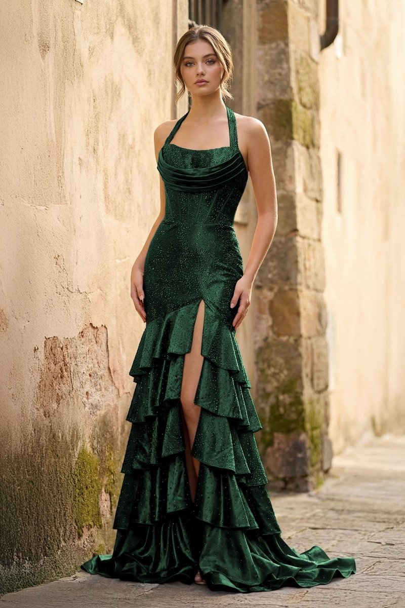 Dark Green Halter Mermaid Satin Beaded Long Formal Prom Dresses With Ruffles - KissProm