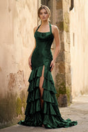 Red Halter Mermaid Satin Beaded Long Formal Prom Dresses With Ruffles - KissProm