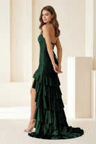 Oree | Red - Halter Mermaid Satin Beaded Long Formal Prom Dresses With Ruffles - KissProm