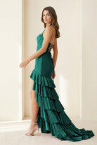 Oree | Red - Halter Mermaid Satin Beaded Long Formal Prom Dresses With Ruffles - KissProm