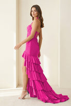 Oree | Red - Halter Mermaid Satin Beaded Long Formal Prom Dresses With Ruffles - KissProm