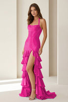 Oree | Red - Halter Mermaid Satin Beaded Long Formal Prom Dresses With Ruffles - KissProm