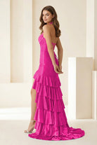 Oree | Red - Halter Mermaid Satin Beaded Long Formal Prom Dresses With Ruffles - KissProm