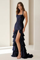 Oree | Red - Halter Mermaid Satin Beaded Long Formal Prom Dresses With Ruffles - KissProm