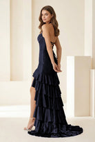 Oree | Red - Halter Mermaid Satin Beaded Long Formal Prom Dresses With Ruffles - KissProm