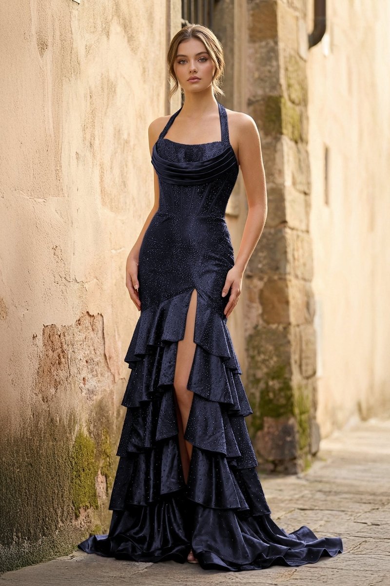 Navy Blue Halter Mermaid Satin Beaded Long Formal Prom Dresses With Ruffles - KissProm