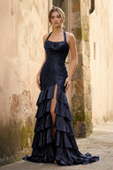 Red Halter Mermaid Satin Beaded Long Formal Prom Dresses With Ruffles - KissProm