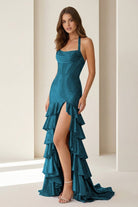 Oree | Red - Halter Mermaid Satin Beaded Long Formal Prom Dresses With Ruffles - KissProm