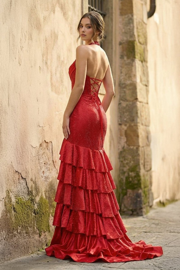 KissProm Red Halter Mermaid Satin Beaded Long Formal Prom Dresses With Ruffles, Burgundy / 18
