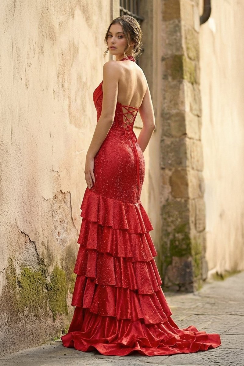 Red Halter Mermaid Satin Beaded Long Formal Prom Dresses With Ruffles - KissProm