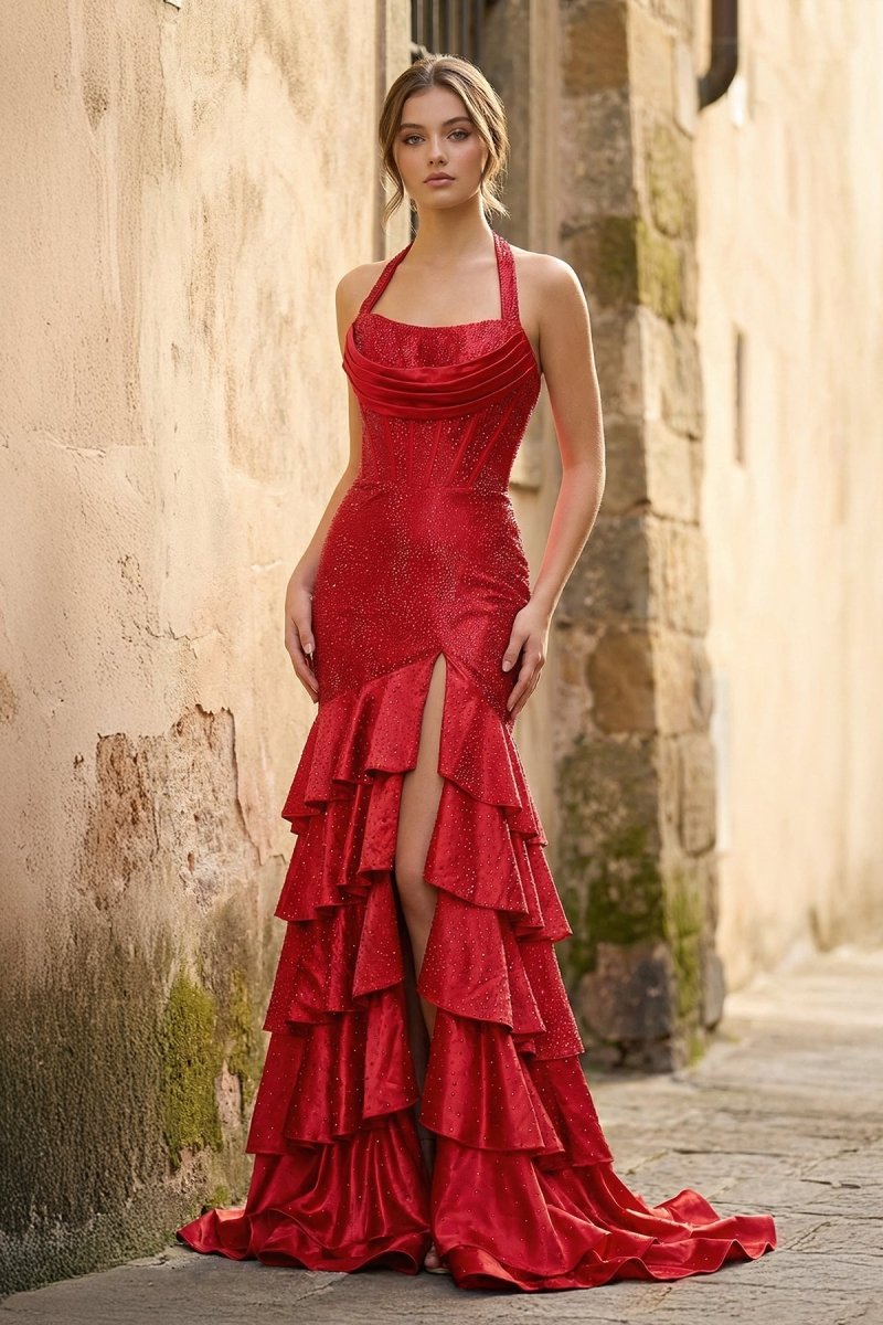 Red Halter Mermaid Satin Beaded Long Formal Prom Dresses With Ruffles - KissProm