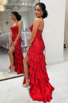 Oree | Red - Halter Mermaid Satin Beaded Long Formal Prom Dresses With Ruffles - KissProm